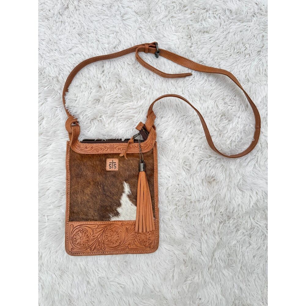STS Yipee Kiyay Ranchwear Cowhide Leather Tooled Crossbody Bag Western Tassel
